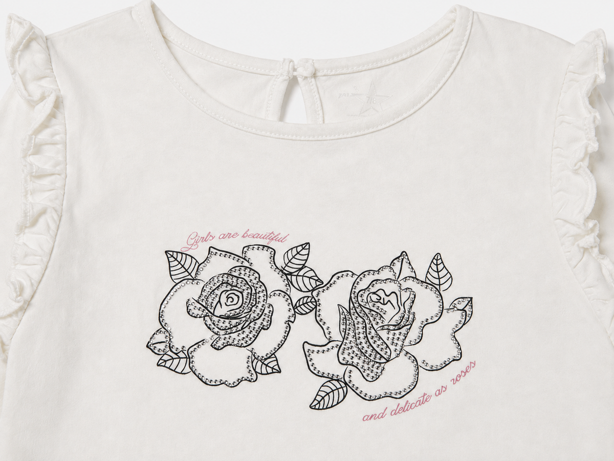 Blusa en algodón estampado rosas brillos