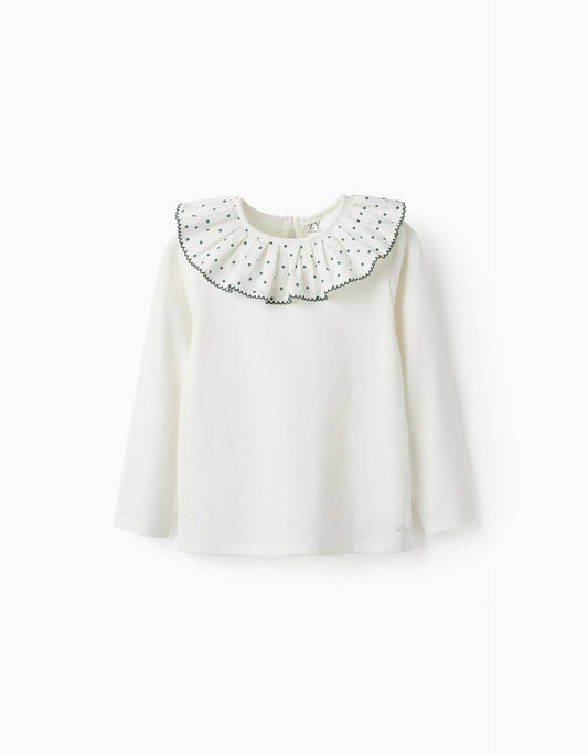 Blusa en algodón cuello pepitas y bordado